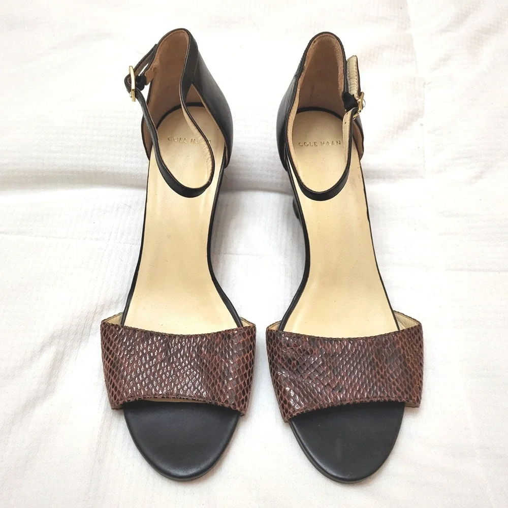 Cole Haan Rosalin Brown Snakeskin Black Ankle Strap Leather Wedge Sandal 8B